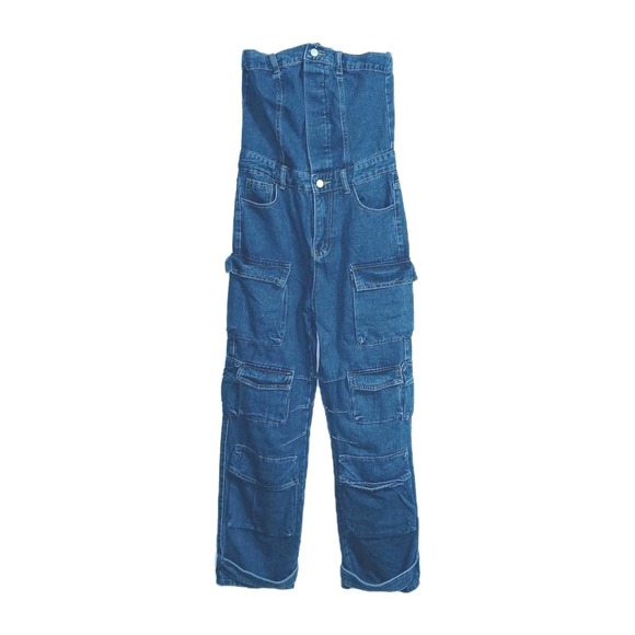 Loragal Pants - Loragal Women Denim Strapless Cargo Jumpsuit S Blue Utility Jean Medium Wash